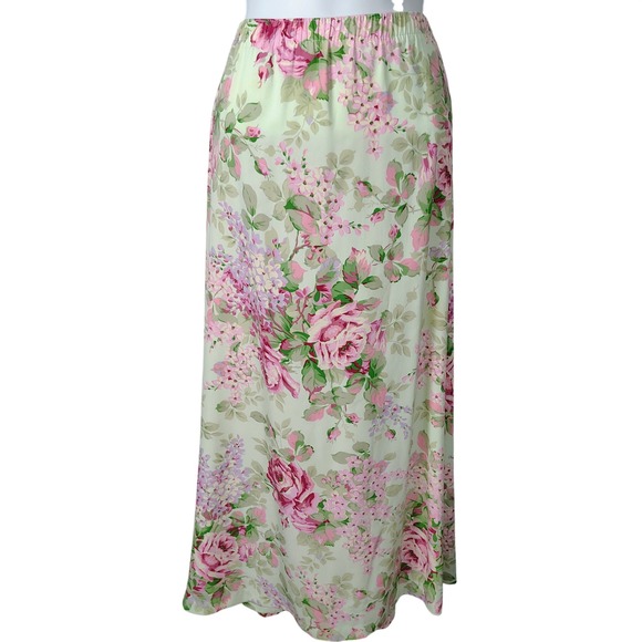 Dresses & Skirts - Vintage Floral Maxi Skirt Pink Roses Mint Green Elastic Waist Long Skirt
